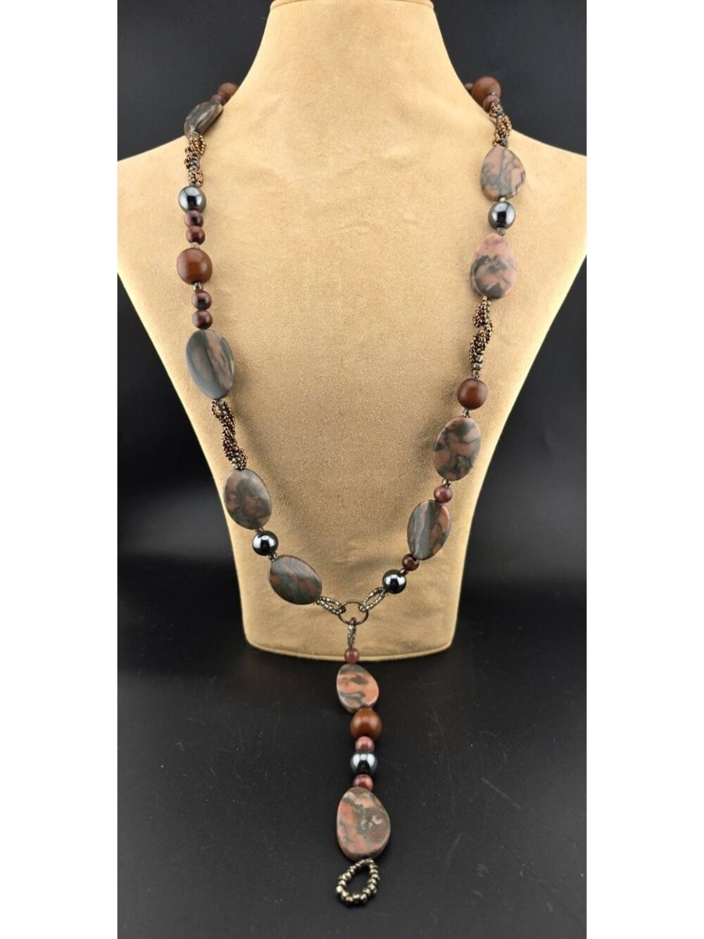 Handcrafted Long Y Beaded Necklace Stone and Wood Earthy Tones Boho